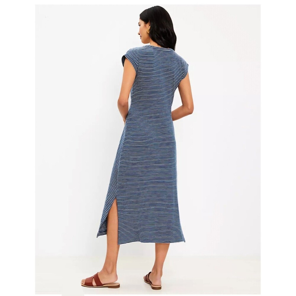 LOFT Blue & White Stripe Cap Sleeve Tie Waist Split Side Maxi Dress Size XL - Picture 2 of 11